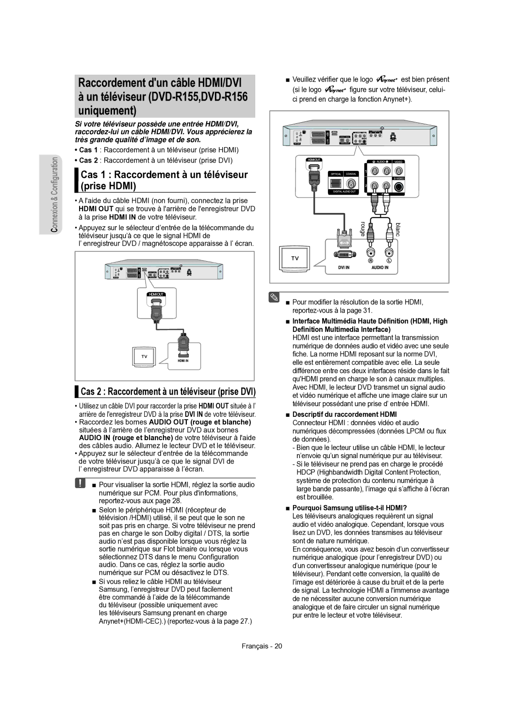 Samsung DVD-R156/XEF, DVD-R155/XEF manual Cas 1 Raccordement à un téléviseur prise Hdmi, Pourquoi Samsung utilise-t-il HDMI? 