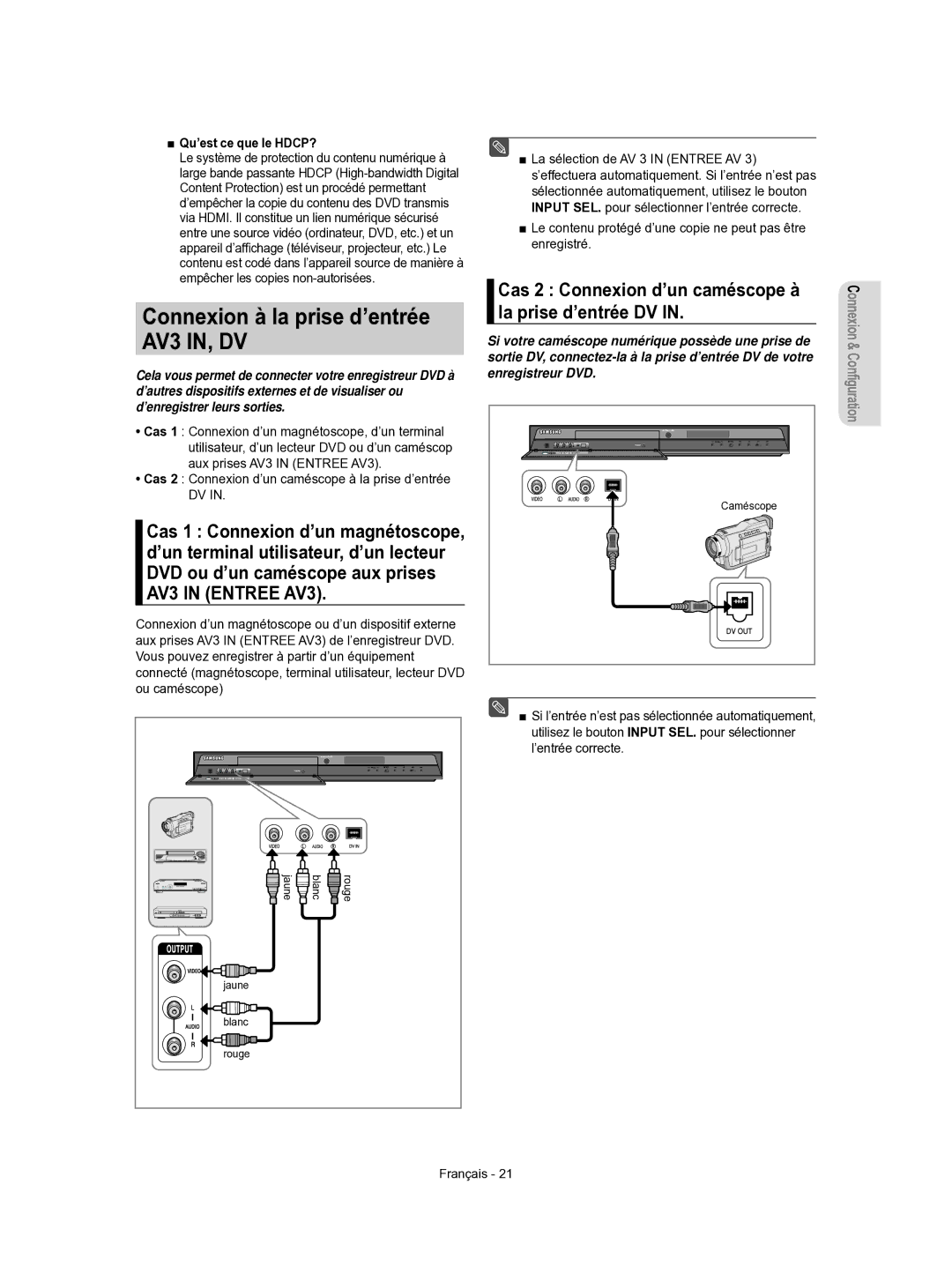 Samsung DVD-R155/XEF, DVD-R156/XEF manual Connexion à la prise d’entrée AV3 IN, DV, Qu’est ce que le HDCP?, ’entrée correcte 