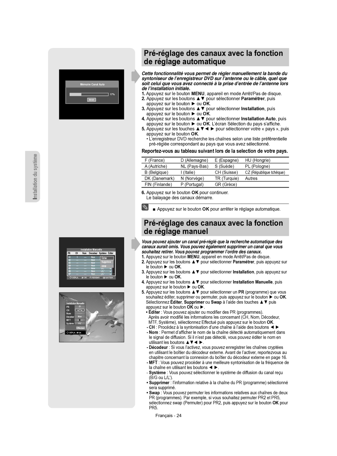 Samsung DVD-R156/XEF, DVD-R155/XEF manual Pré-réglage des canaux avec la fonction de réglage manuel 