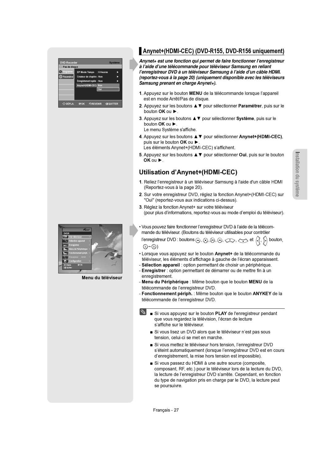 Samsung DVD-R155/XEF Utilisation d’Anynet+HDMI-CEC, Anynet+HDMI-CEC DVD-R155, DVD-R156 uniquement, Menu du téléviseur 