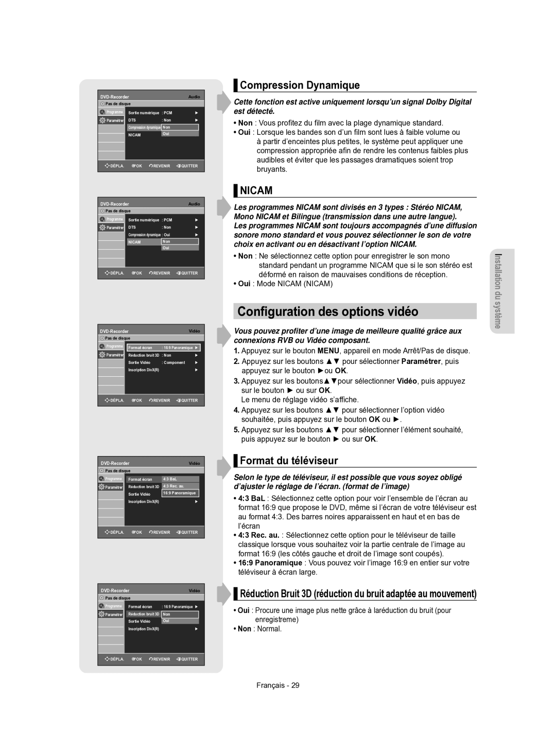 Samsung DVD-R155/XEF, DVD-R156/XEF manual Conﬁguration des options vidéo, Compression Dynamique, Format du téléviseur 