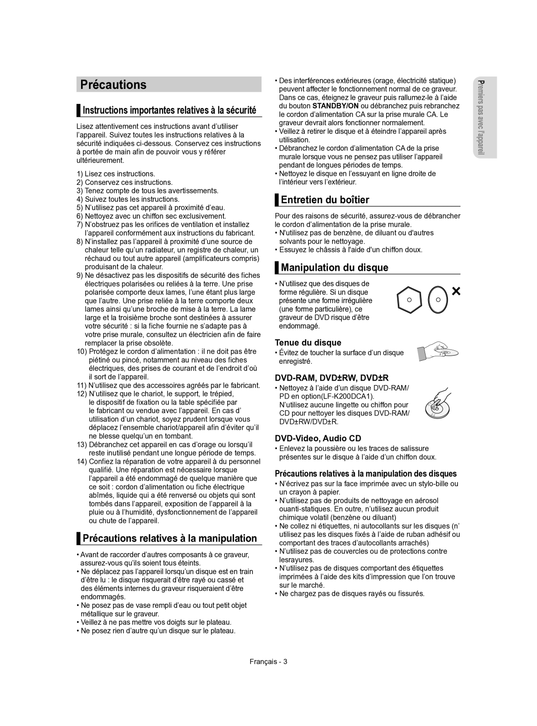 Samsung DVD-R155/XEF manual Précautions, Entretien du boîtier, Manipulation du disque, Tenue du disque, DVD-Video, Audio CD 