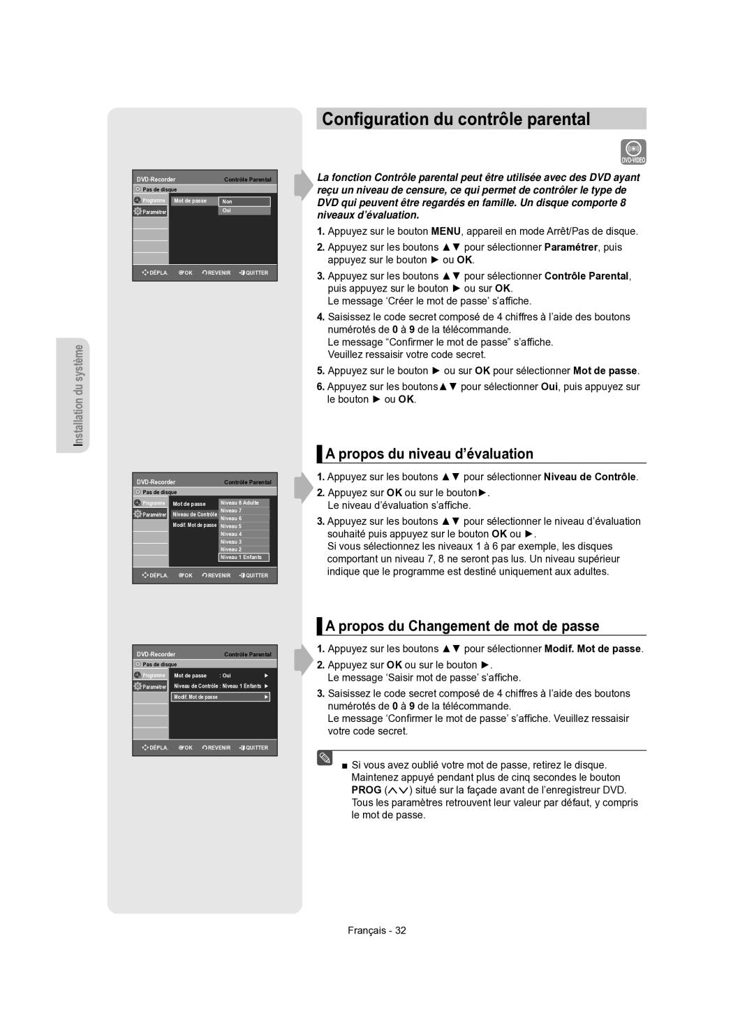 Samsung DVD-R156/XEF, DVD-R155/XEF manual Conﬁguration du contrôle parental, Propos du niveau d’évaluation 