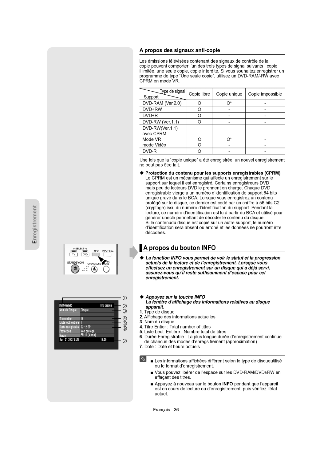 Samsung DVD-R156/XEF, DVD-R155/XEF manual Propos du bouton Info, Propos des signaux anti-copie, Dvd-R 