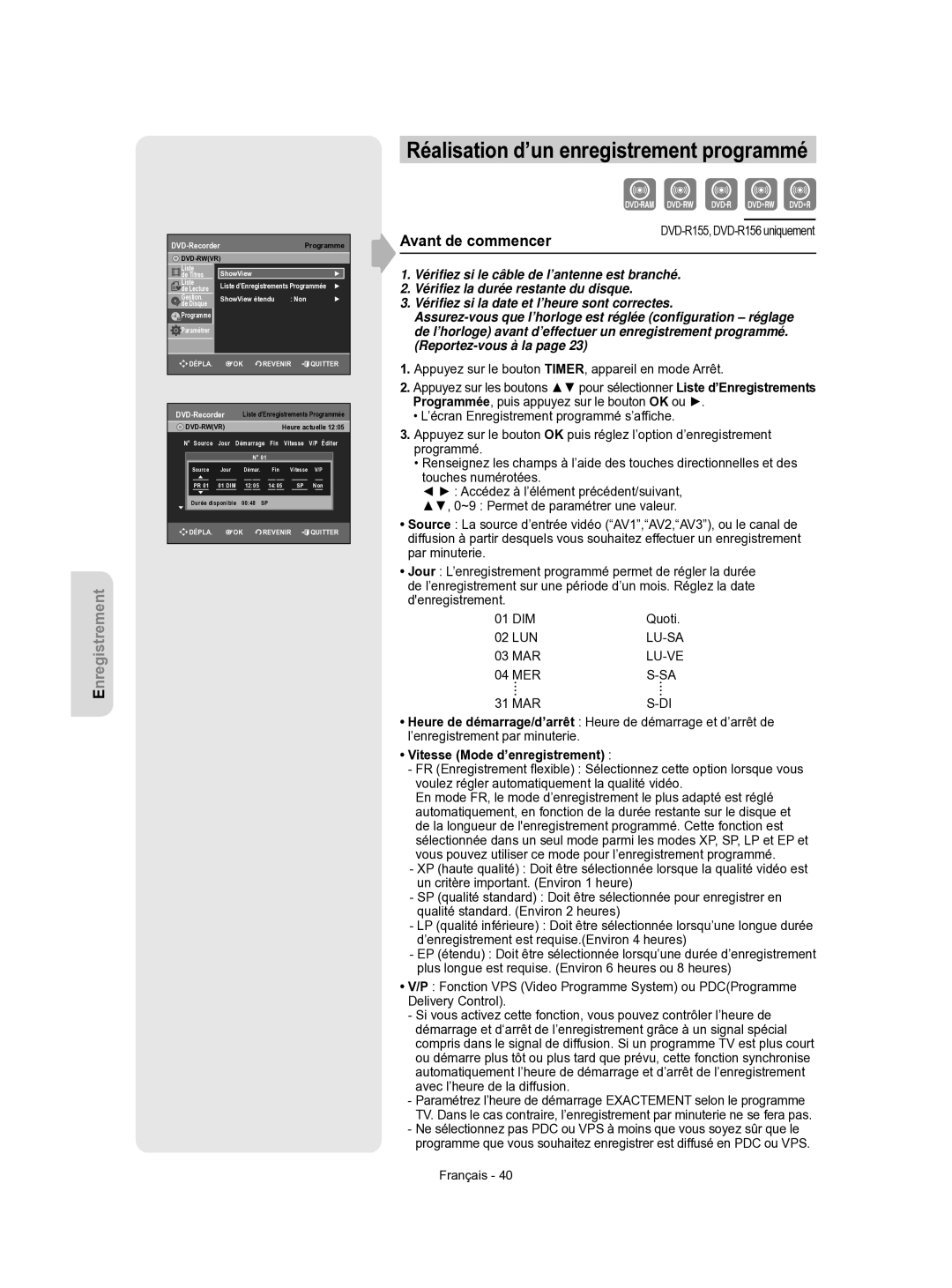 Samsung DVD-R156/XEF, DVD-R155/XEF manual Appuyez sur le bouton TIMER, appareil en mode Arrêt, Lu-Sa, 03 MAR, Lu-Ve 