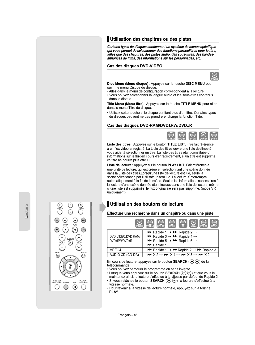 Samsung DVD-R156/XEF, DVD-R155/XEF manual Utilisation des chapitres ou des pistes, Utilisation des boutons de lecture 