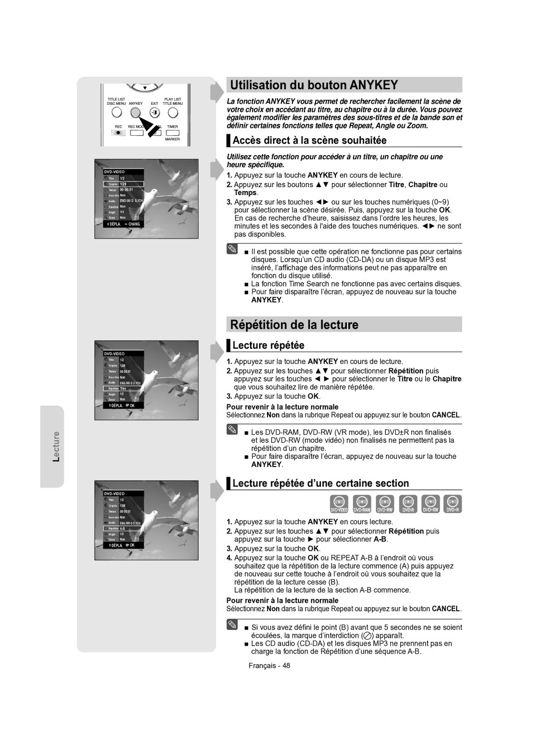 Samsung DVD-R156/XEF manual Utilisation du bouton Anykey, Répétition de la lecture, Accès direct à la scène souhaitée 