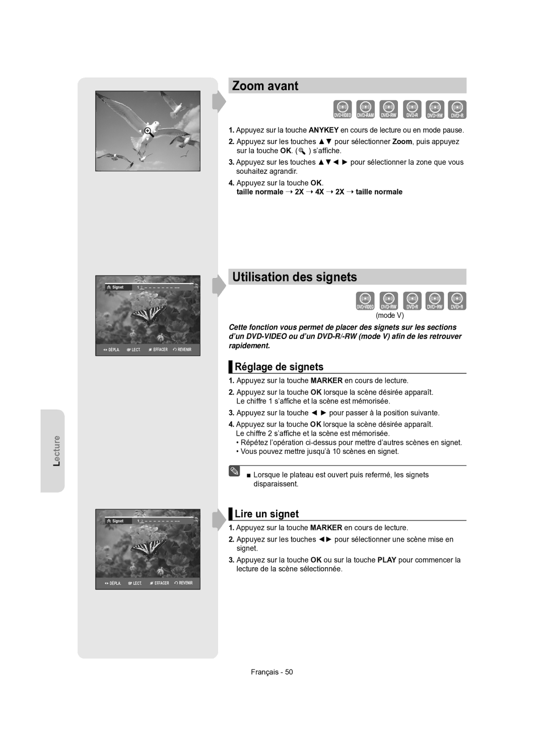 Samsung DVD-R156/XEF, DVD-R155/XEF manual Zoom avant, Utilisation des signets, Réglage de signets, Lire un signet 