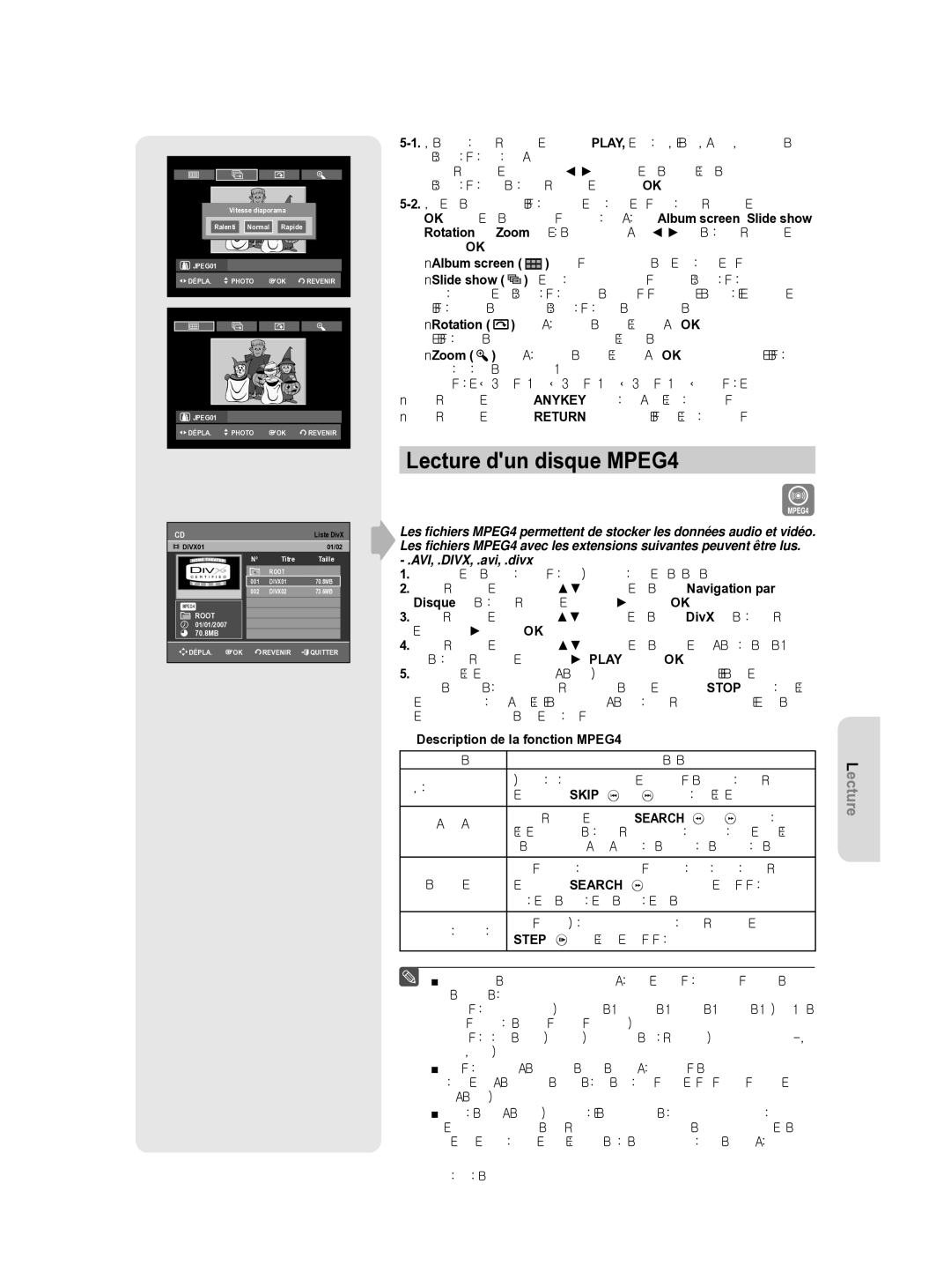 Samsung DVD-R155/XEF, DVD-R156/XEF Lecture dun disque MPEG4, AVI, .DIVX, .avi, .divx, ‹ Description de la fonction MPEG4 