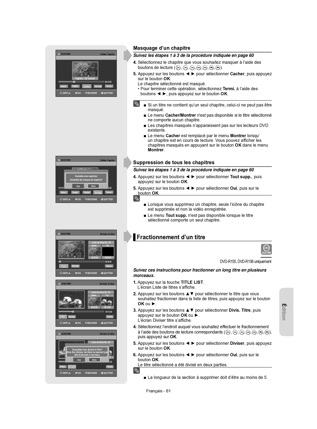 Samsung DVD-R155/XEF, DVD-R156/XEF Fractionnement d’un titre, Masquage d’un chapitre, Suppression de tous les chapitres 