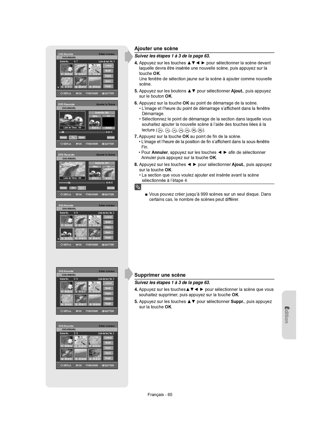 Samsung DVD-R155/XEF, DVD-R156/XEF manual Ajouter une scène, Supprimer une scène 