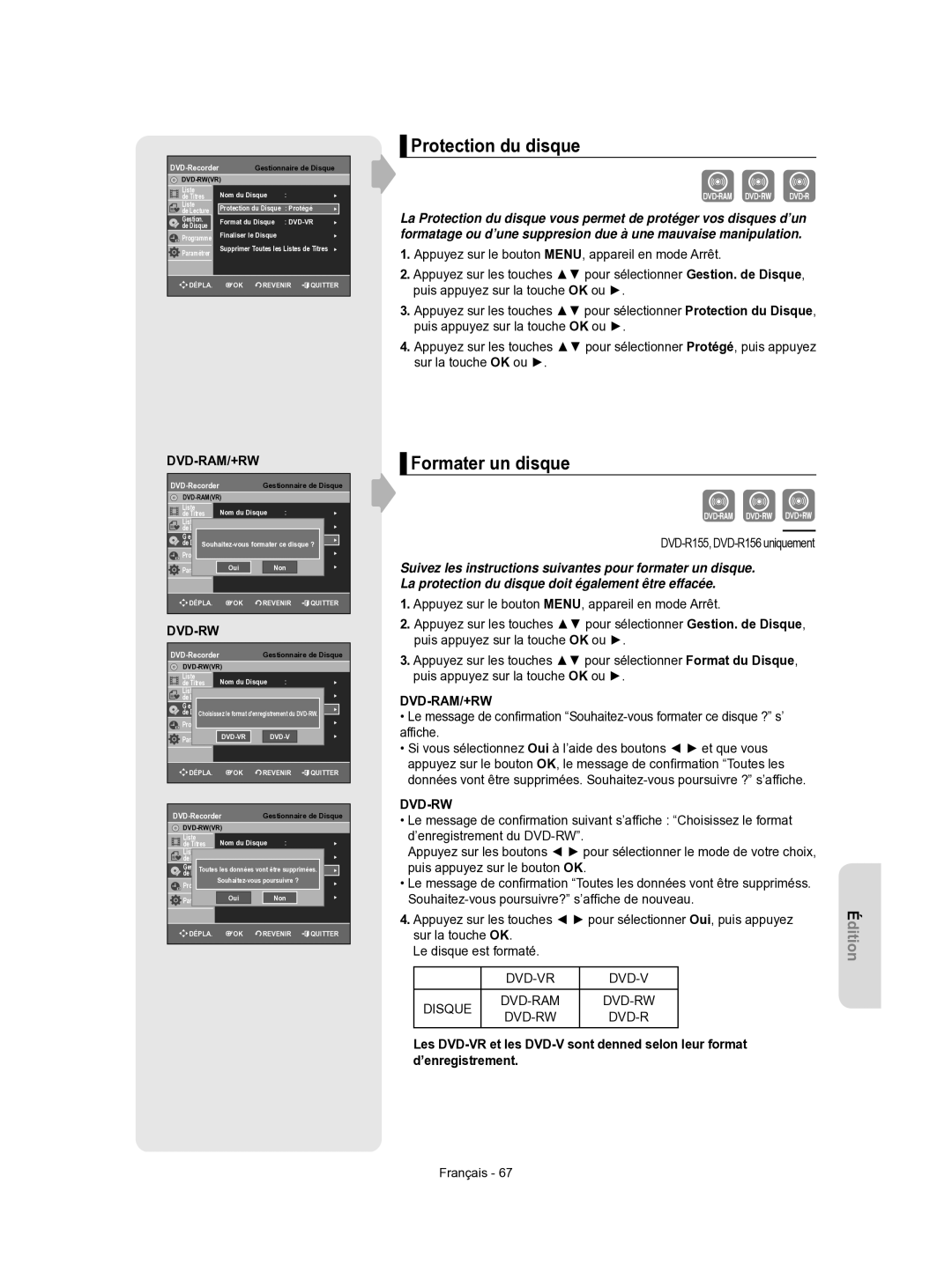 Samsung DVD-R155/XEF manual Protection du disque, Formater un disque, Sur la touche OK Le disque est formaté, Dvd-Vr 