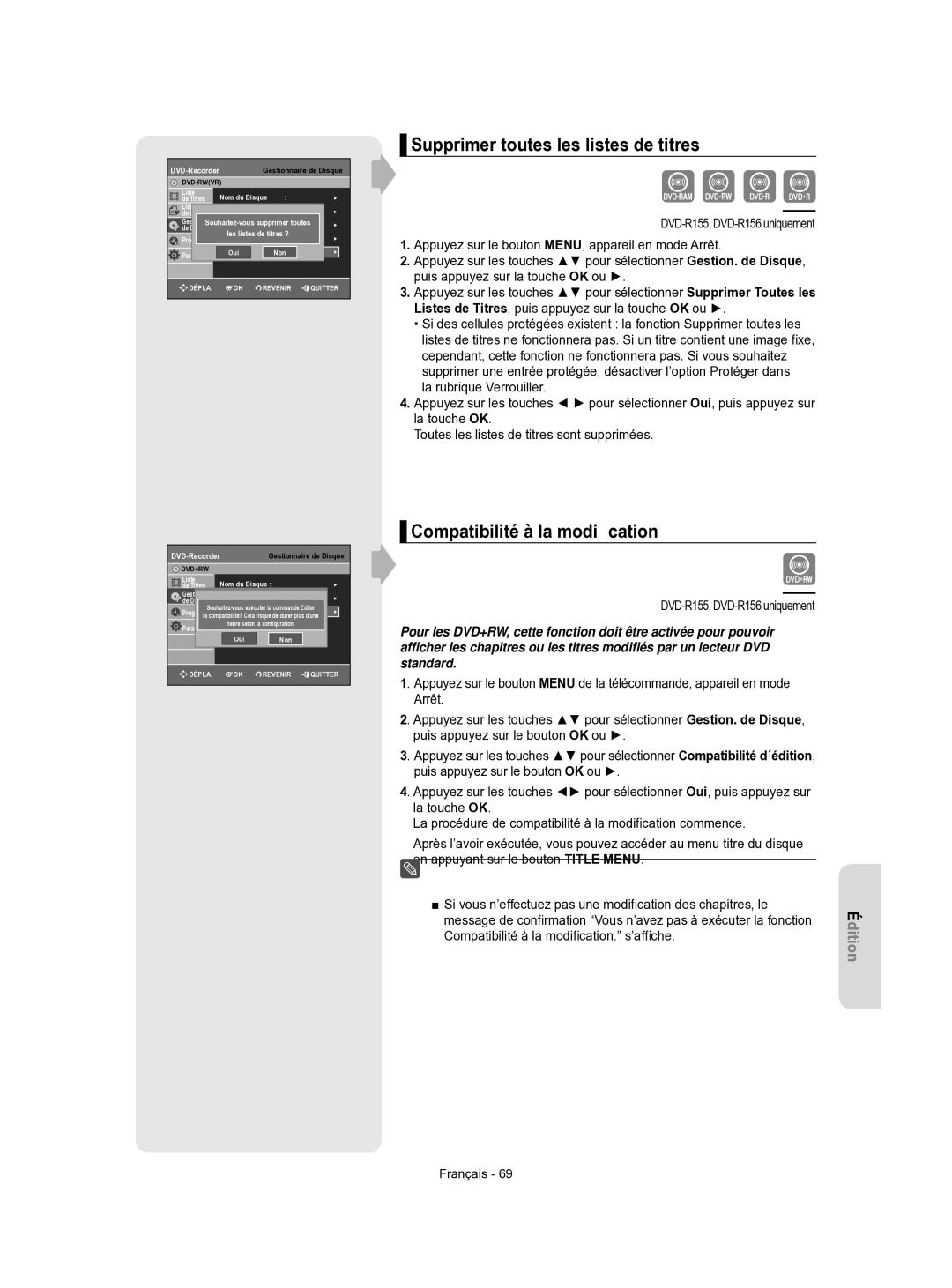 Samsung DVD-R155/XEF, DVD-R156/XEF manual Supprimer toutes les listes de titres, Compatibilité à la modiﬁcation 