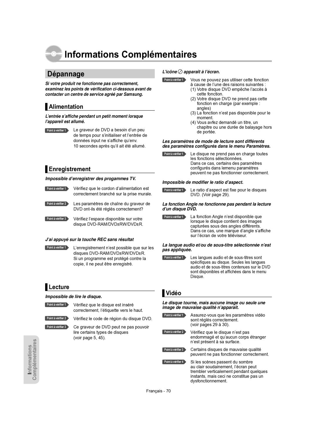 Samsung DVD-R156/XEF, DVD-R155/XEF manual Dépannage, Alimentation, Enregistrement, Lecture, Vidéo 