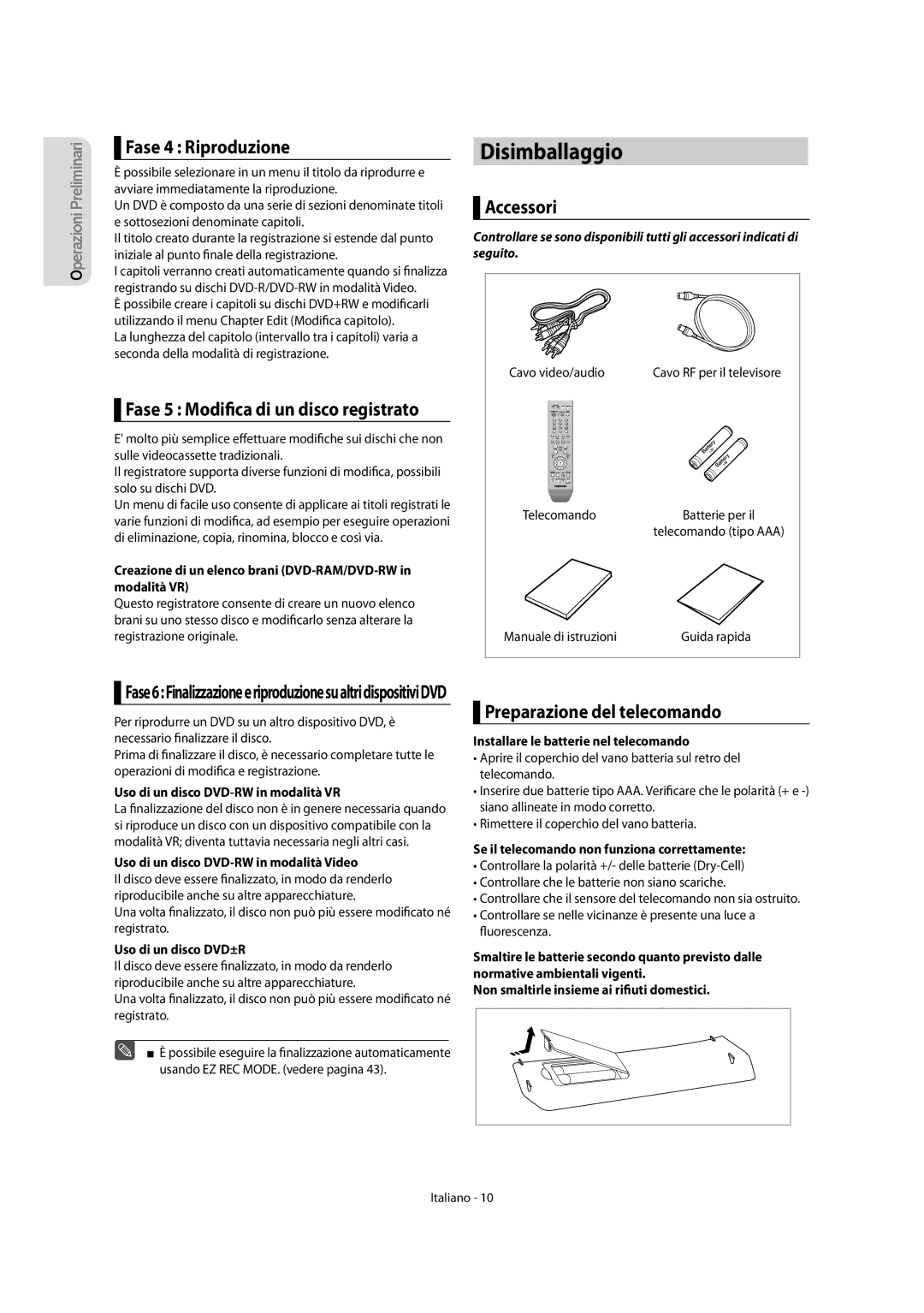 Samsung DVD-R156/XET, DVD-R151/XET manual Disimballaggio, Fase 4 Riproduzione, Accessori, Preparazione del telecomando 