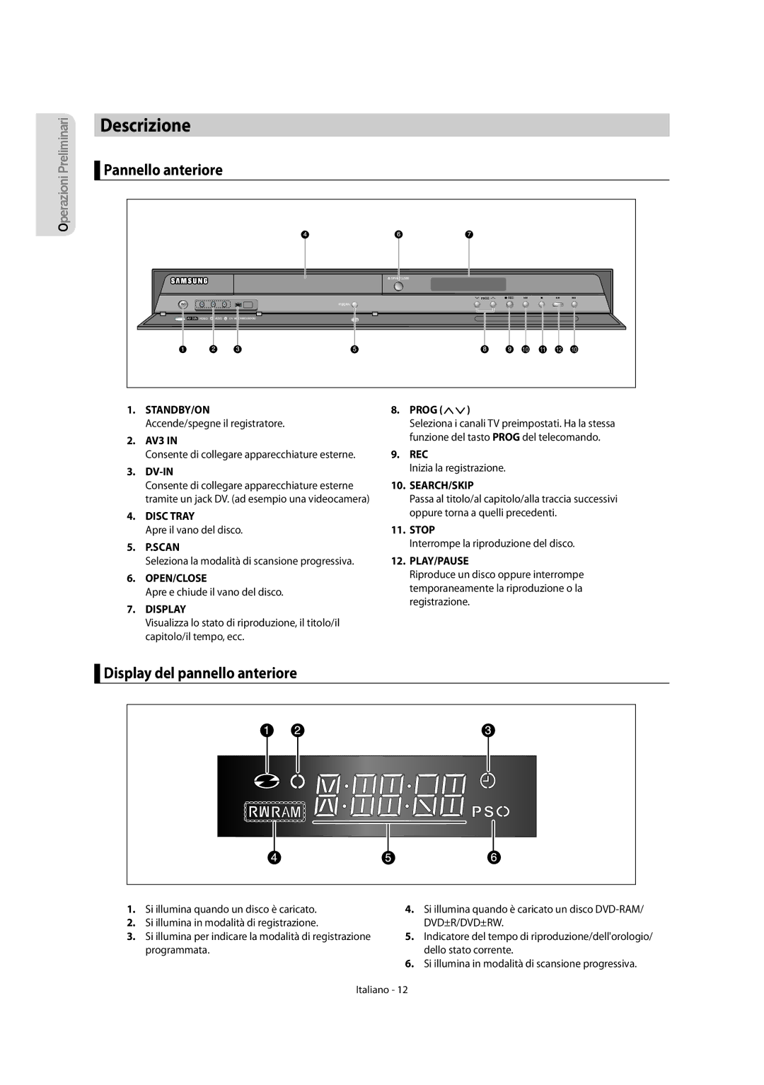 Samsung DVD-R156/XET, DVD-R151/XET manual Descrizione, Pannello anteriore, Display del pannello anteriore 