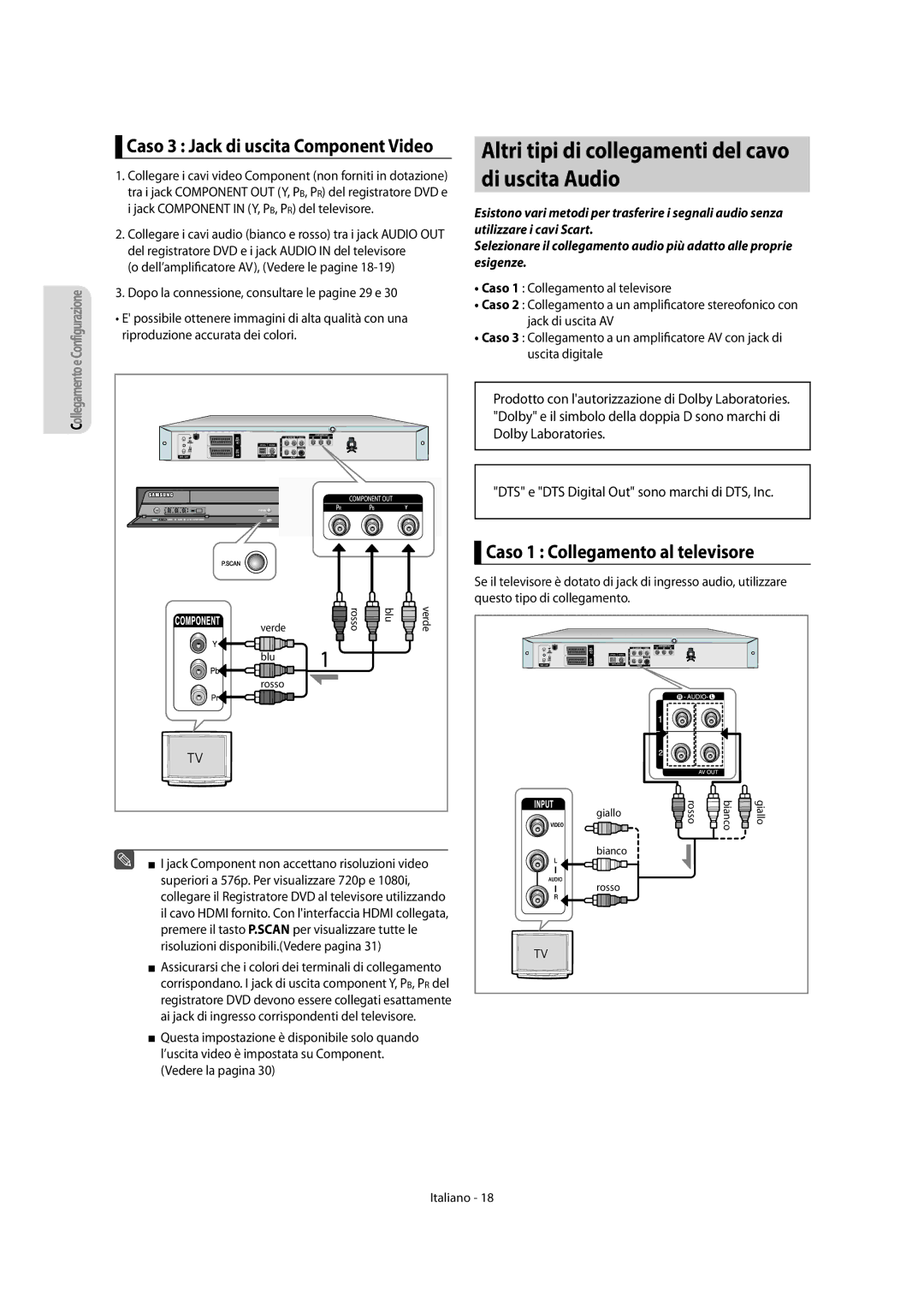 Samsung DVD-R156/XET, DVD-R151/XET Altri tipi di collegamenti del cavo di uscita Audio, Caso 1 Collegamento al televisore 