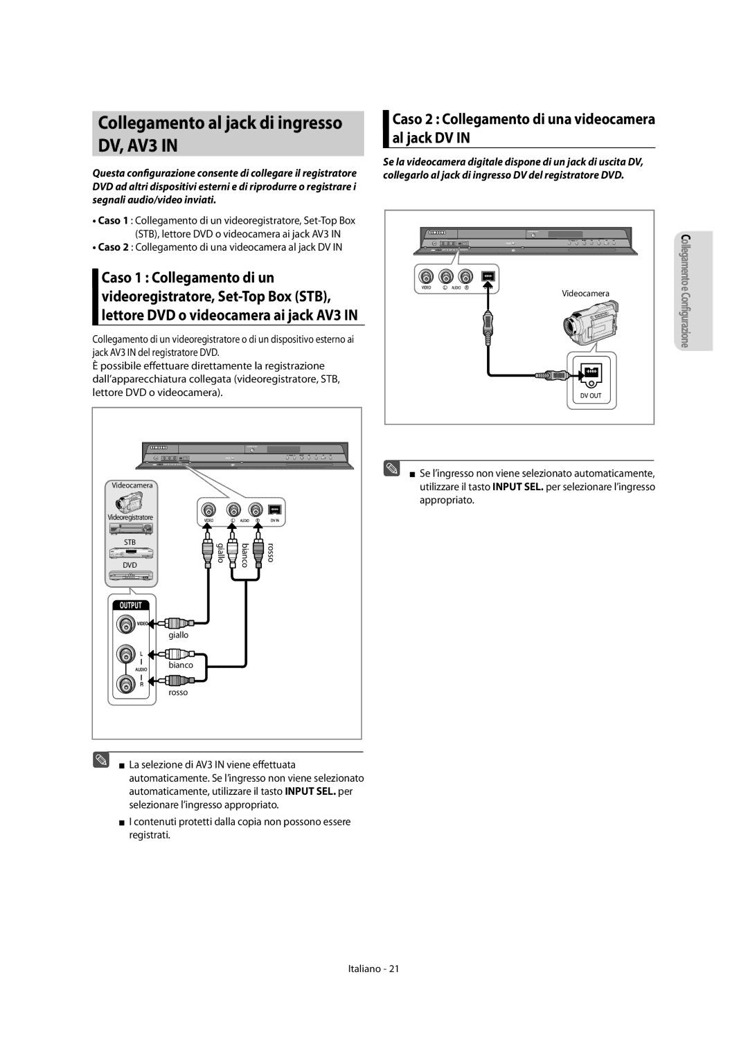 Samsung DVD-R151/XET manual Collegamento al jack di ingresso DV, AV3, Caso 2 Collegamento di una videocamera al jack DV 