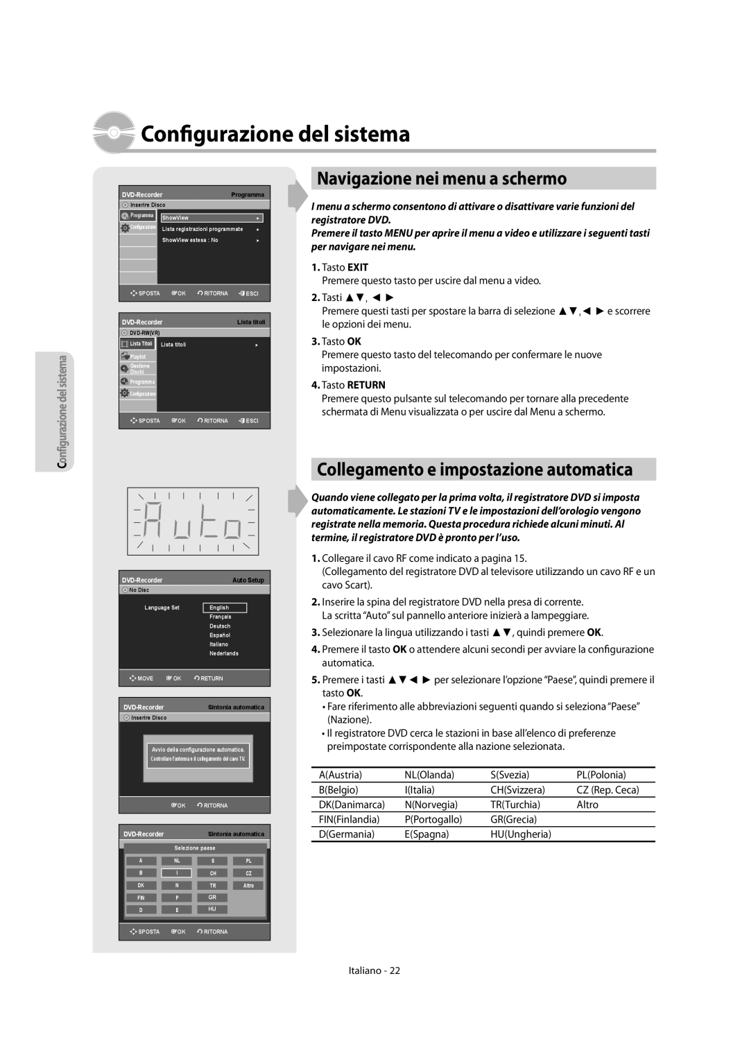 Samsung DVD-R156/XET, DVD-R151/XET manual Navigazione nei menu a schermo, Collegamento e impostazione automatica 