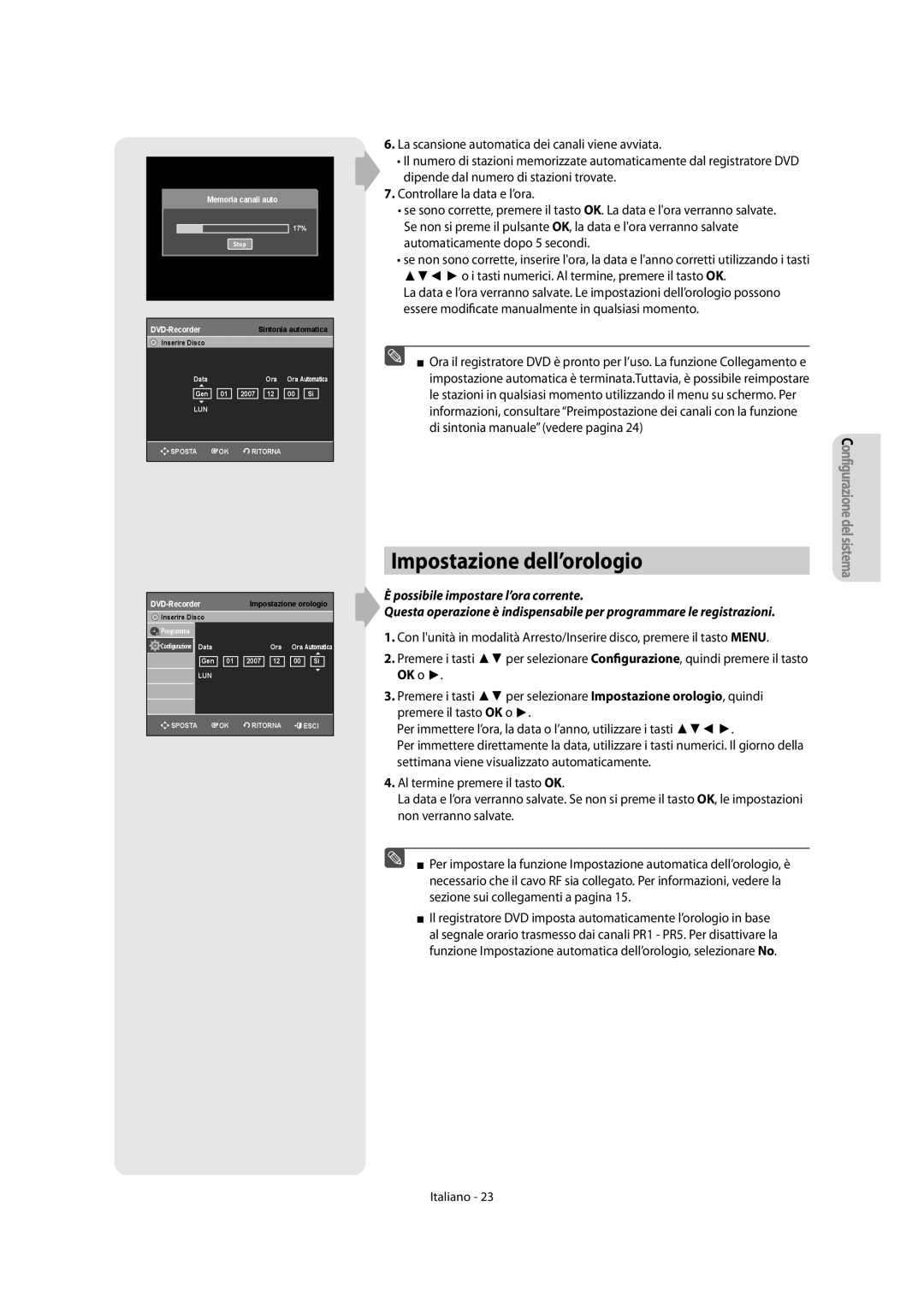 Samsung DVD-R151/XET, DVD-R156/XET manual Impostazione dell’orologio, Possibile impostare l’ora corrente 