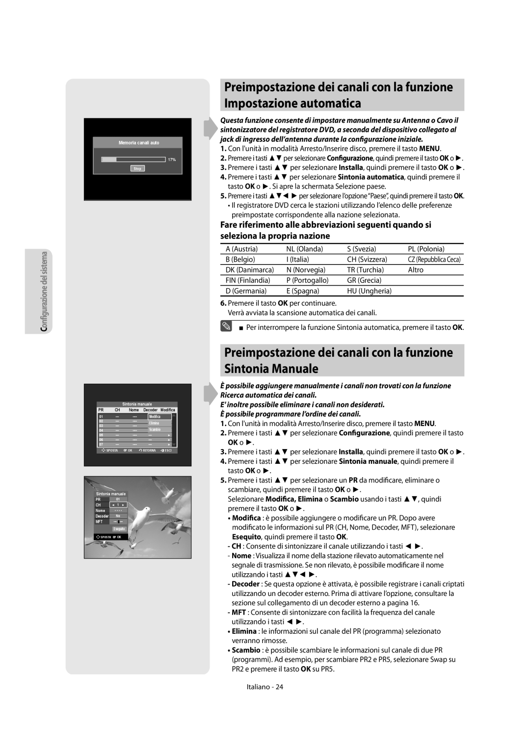 Samsung DVD-R156/XET, DVD-R151/XET manual Preimpostazione dei canali con la funzione Sintonia Manuale 