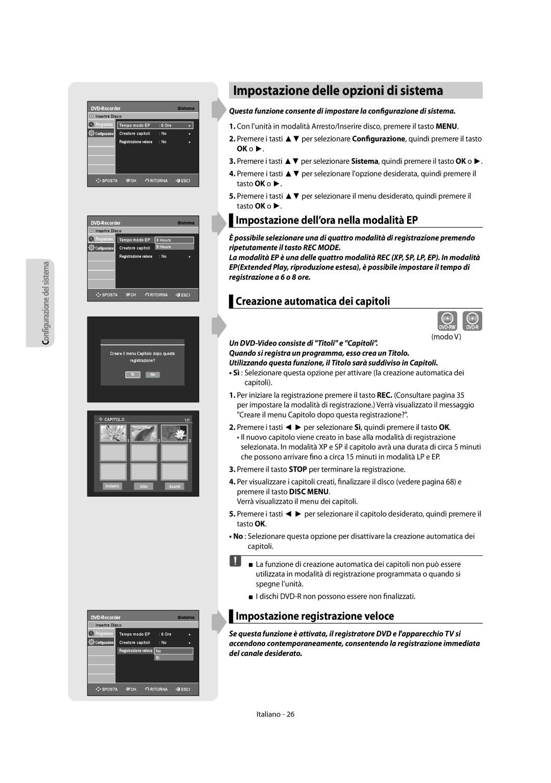 Samsung DVD-R156/XET, DVD-R151/XET Impostazione delle opzioni di sistema, Impostazione dell’ora nella modalità EP, Modo 