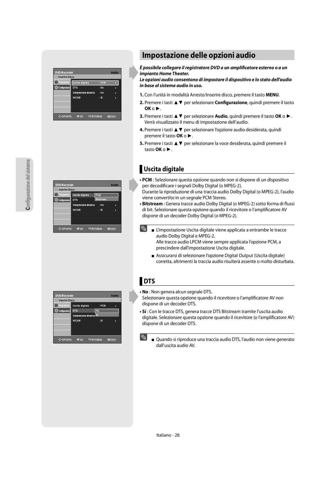 Samsung DVD-R156/XET, DVD-R151/XET manual Impostazione delle opzioni audio, Uscita digitale 