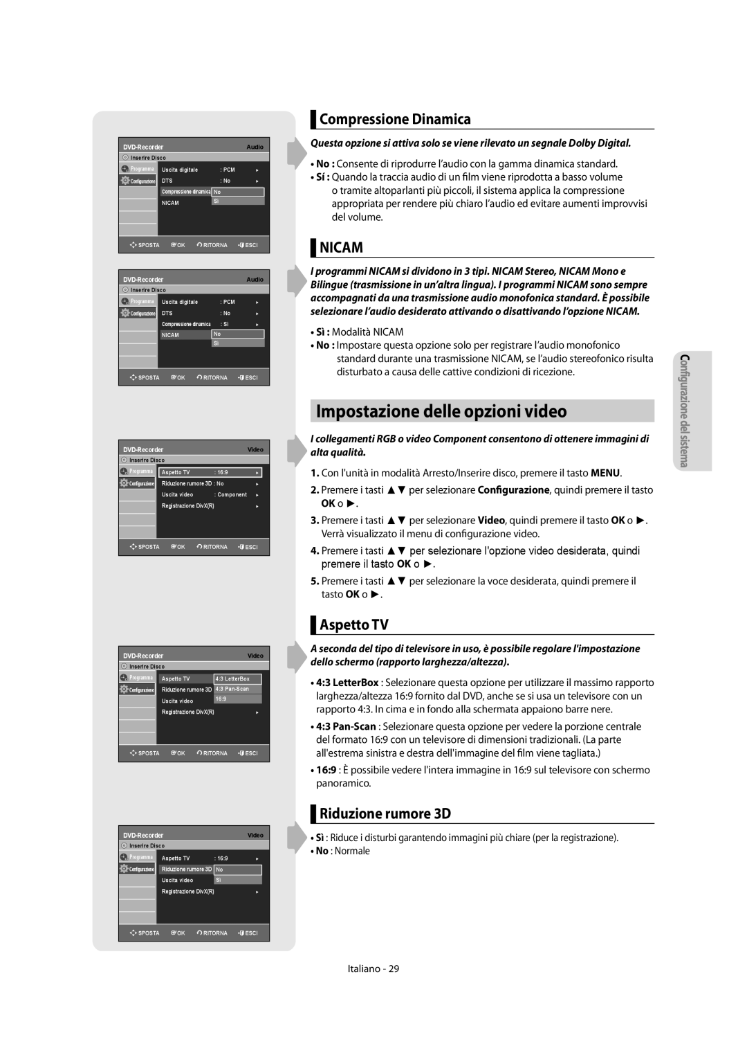 Samsung DVD-R151/XET manual Impostazione delle opzioni video, Compressione Dinamica, Aspetto TV, Riduzione rumore 3D 