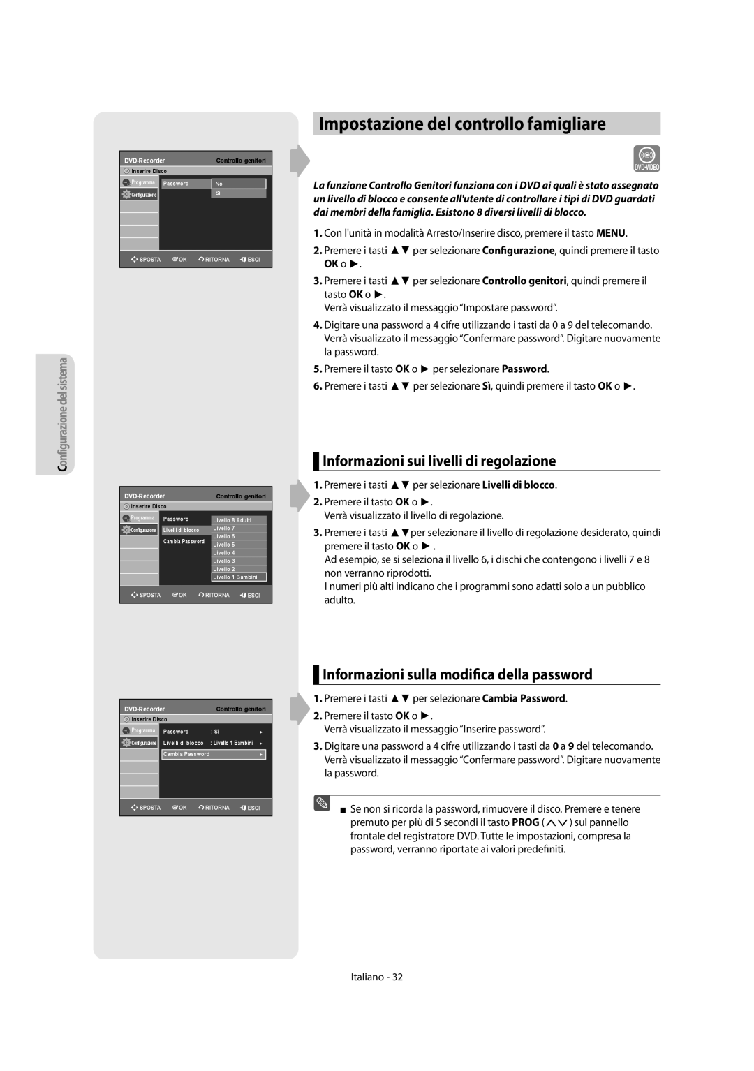 Samsung DVD-R156/XET, DVD-R151/XET manual Impostazione del controllo famigliare, Informazioni sui livelli di regolazione 