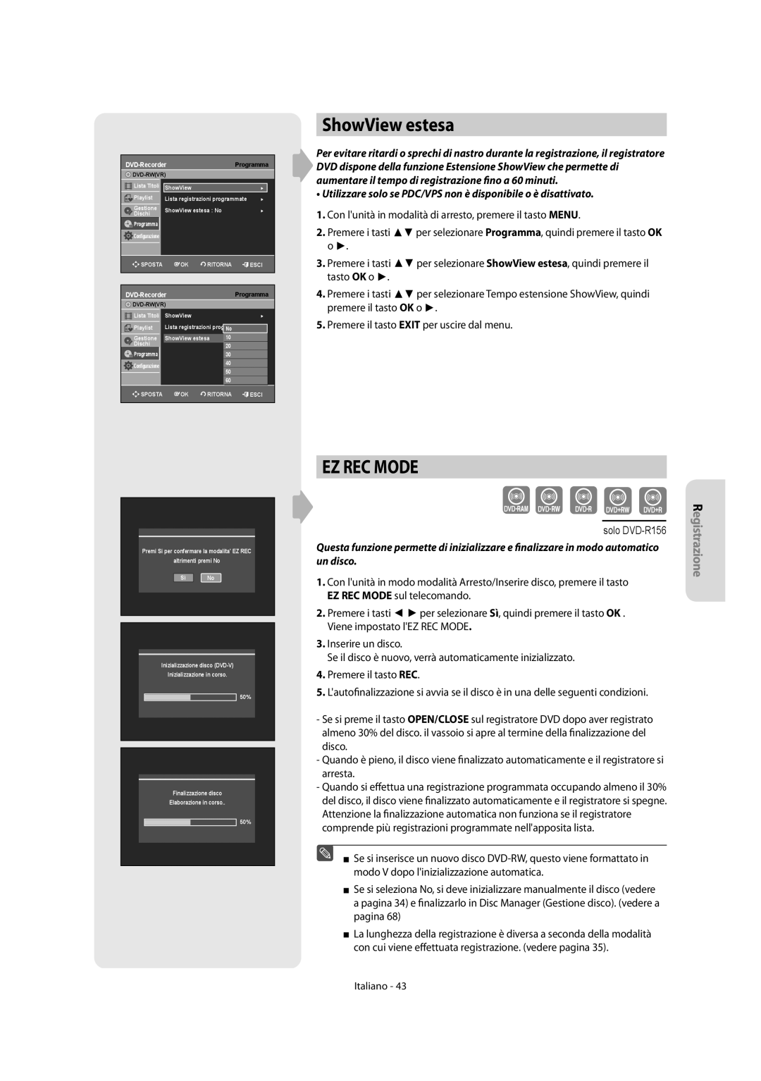 Samsung DVD-R151/XET, DVD-R156/XET manual ShowView estesa, EZ REC Mode 