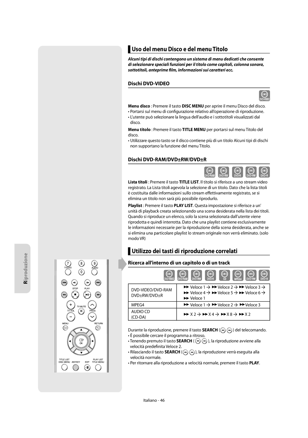 Samsung DVD-R156/XET Uso del menu Disco e del menu Titolo, Utilizzo dei tasti di riproduzione correlati, Dischi DVD-VIDEO 