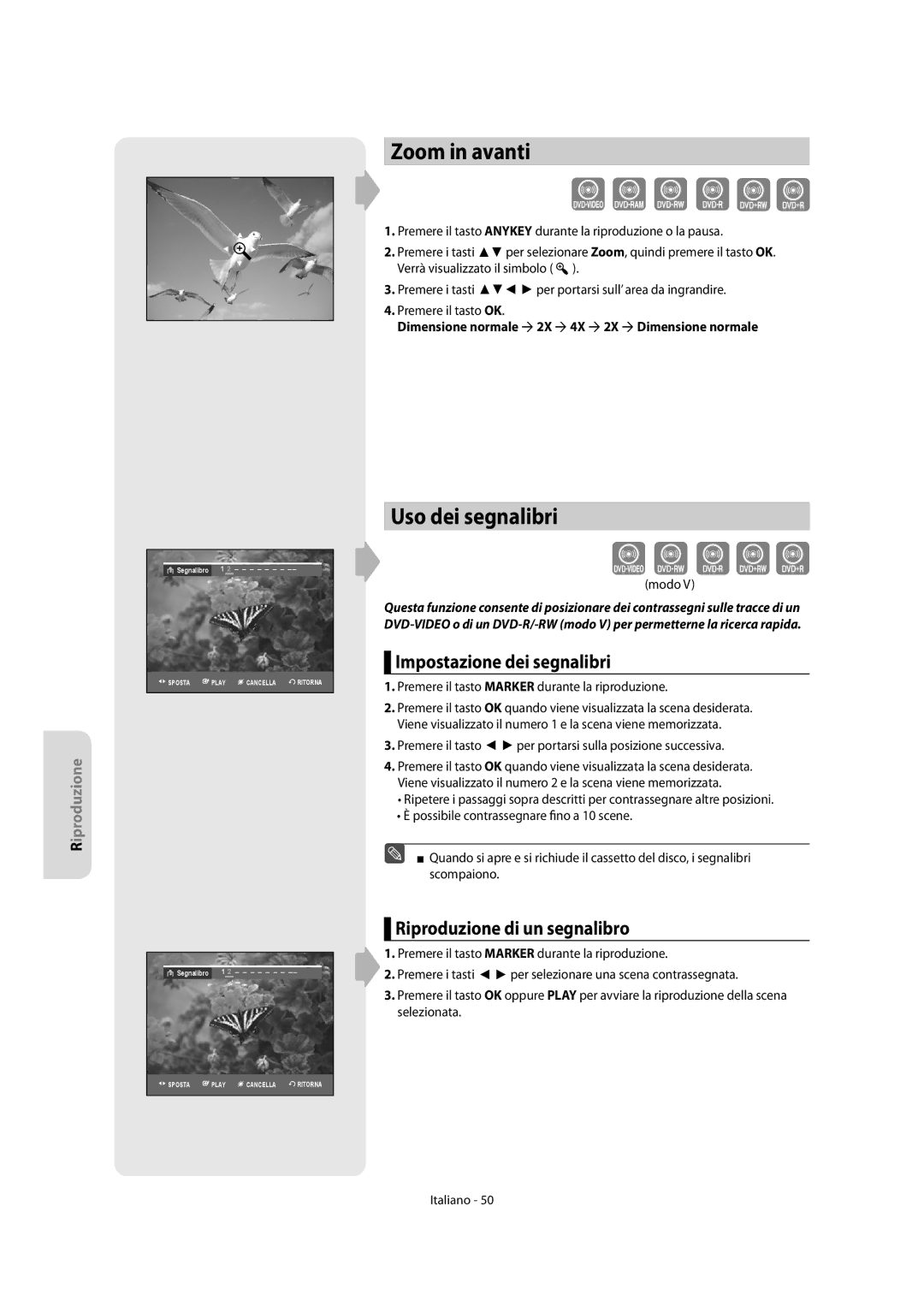 Samsung DVD-R156/XET manual Zoom in avanti, Uso dei segnalibri, Impostazione dei segnalibri, Riproduzione di un segnalibro 