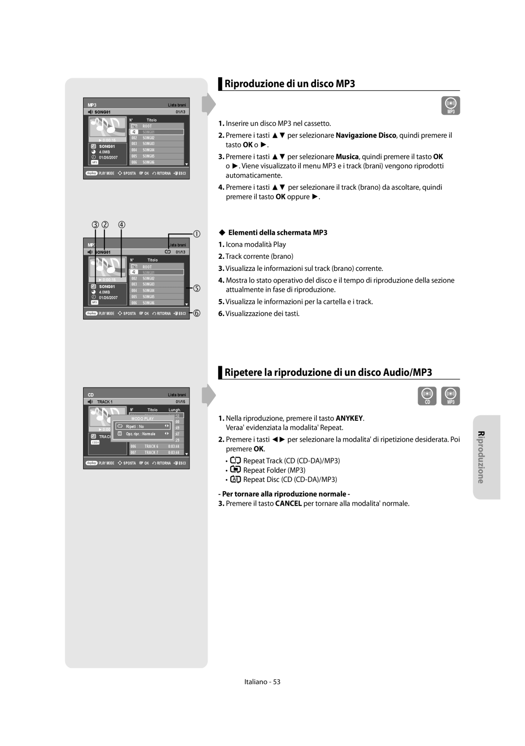 Samsung DVD-R151/XET, DVD-R156/XET manual Riproduzione di un disco MP3, Ripetere la riproduzione di un disco Audio/MP3 