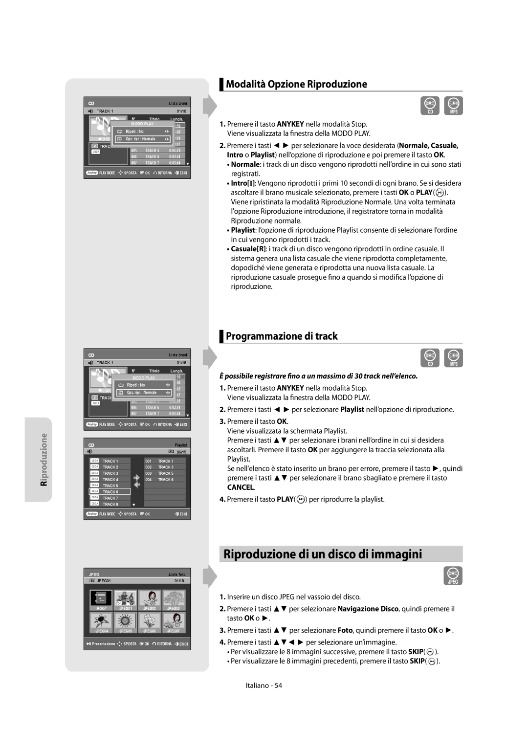 Samsung DVD-R156/XET Riproduzione di un disco di immagini, Modalità Opzione Riproduzione, Programmazione di track, Cancel 