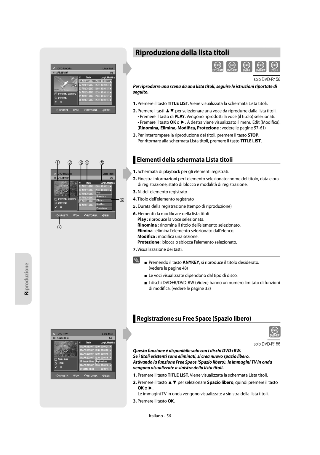 Samsung DVD-R156/XET, DVD-R151/XET manual Riproduzione della lista titoli, Elementi della schermata Lista titoli 