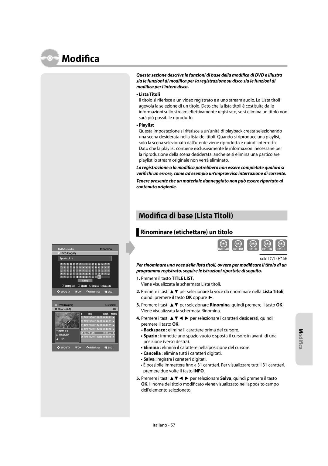 Samsung DVD-R151/XET, DVD-R156/XET manual Modifica di base Lista Titoli, Rinominare etichettare un titolo, Playlist 