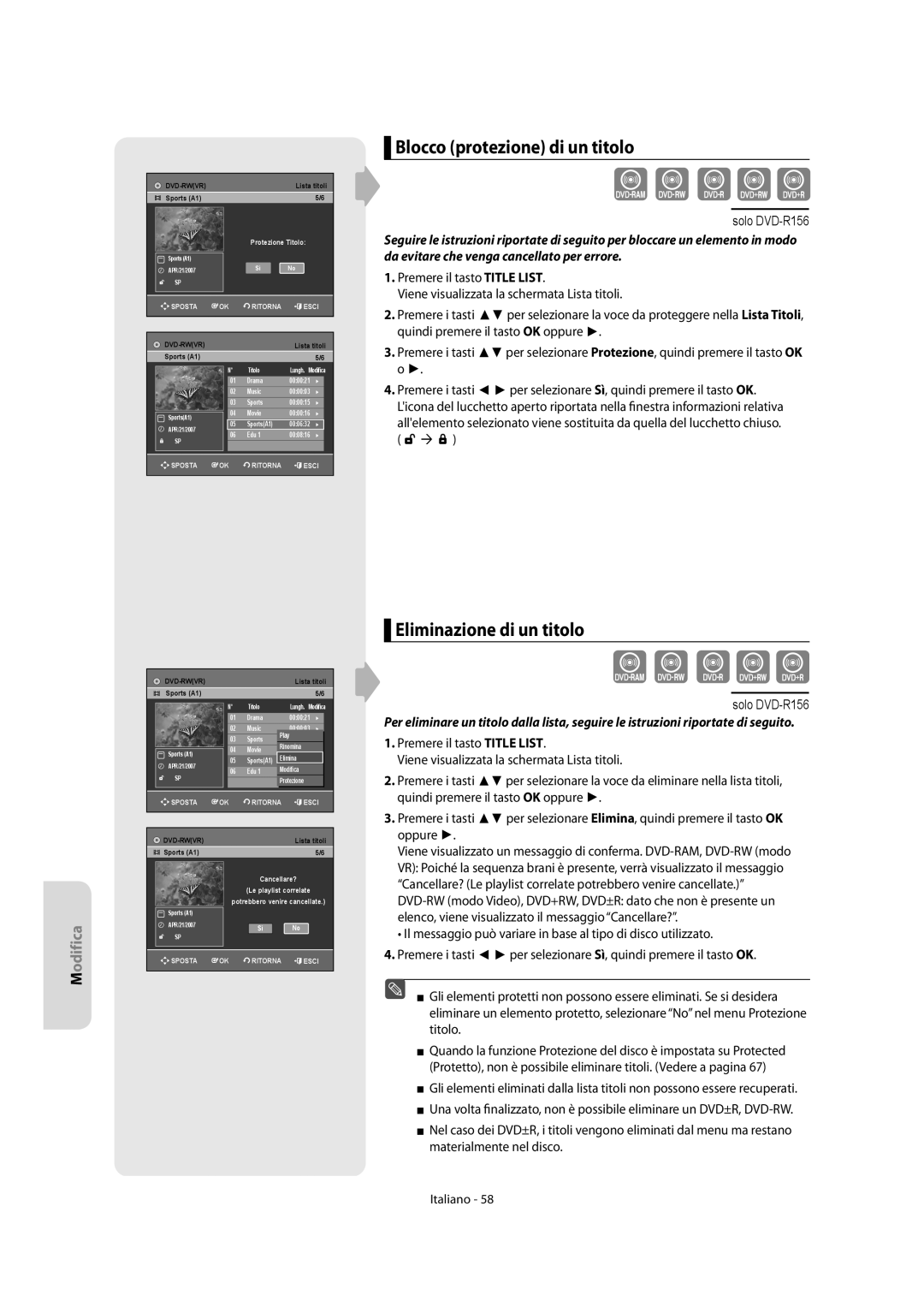 Samsung DVD-R156/XET, DVD-R151/XET manual Blocco protezione di un titolo, Eliminazione di un titolo 