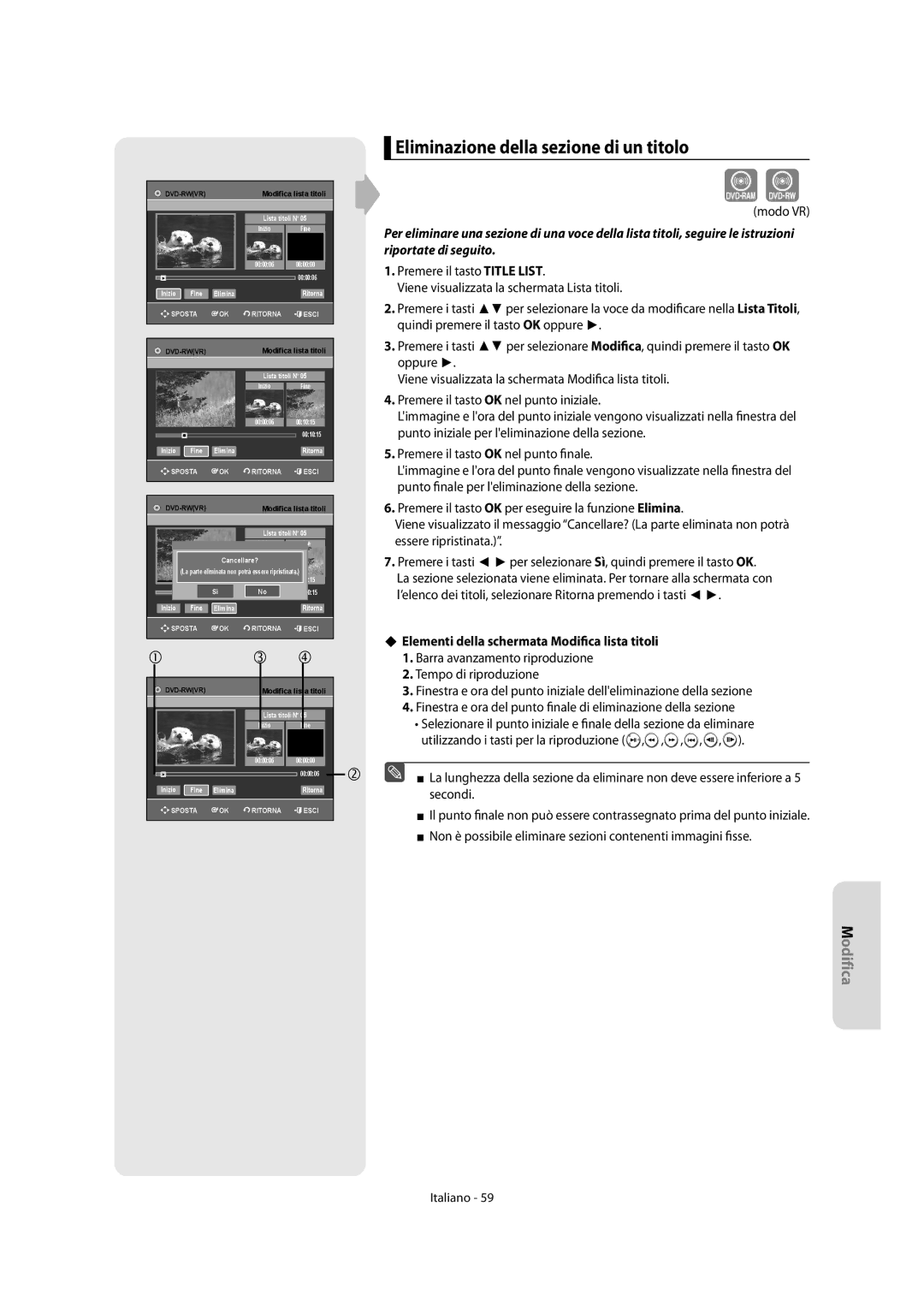 Samsung DVD-R151/XET, DVD-R156/XET Eliminazione della sezione di un titolo, Elementi della schermata Modifica lista titoli 