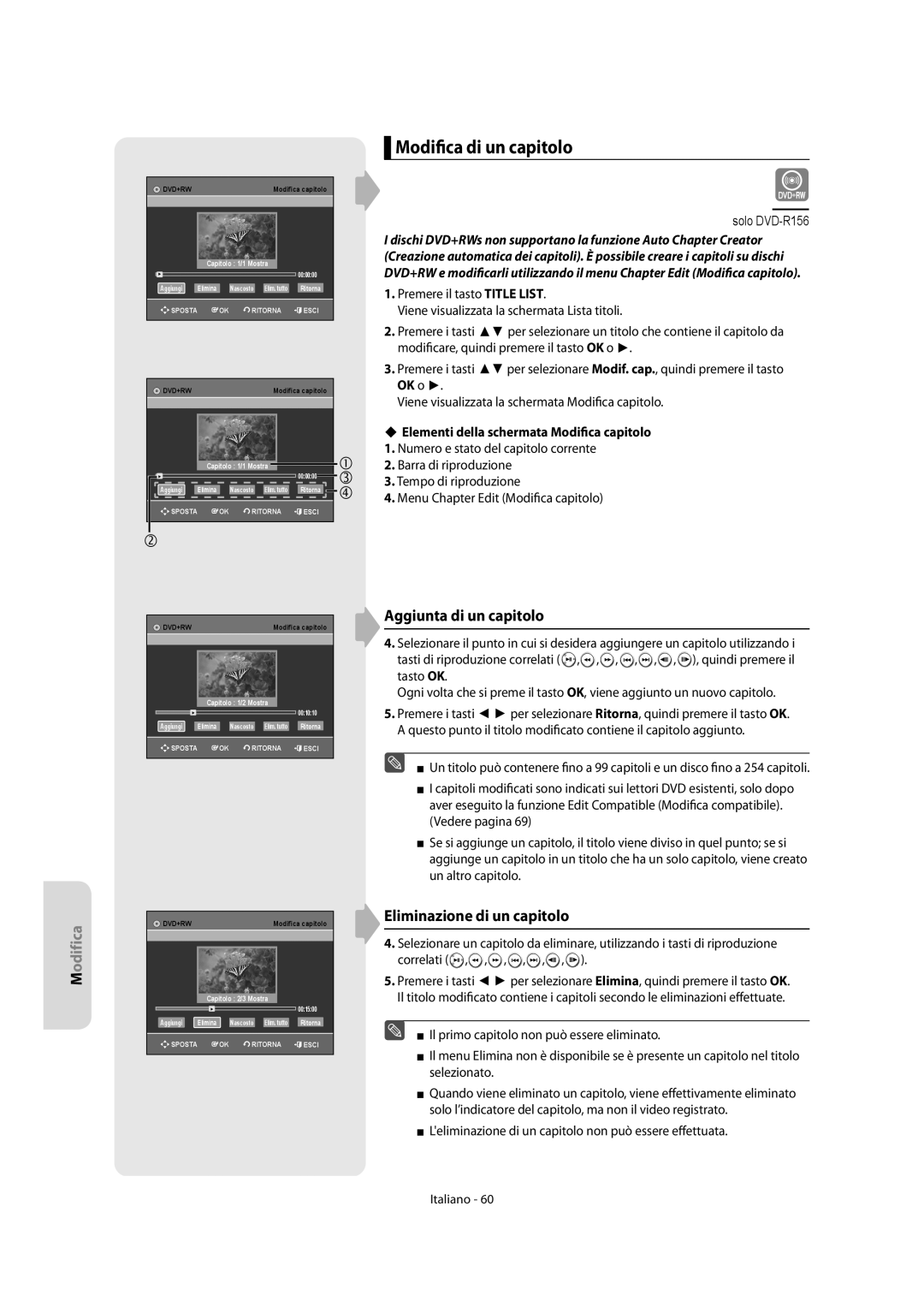 Samsung DVD-R156/XET, DVD-R151/XET manual Modifica di un capitolo, Aggiunta di un capitolo, Eliminazione di un capitolo 