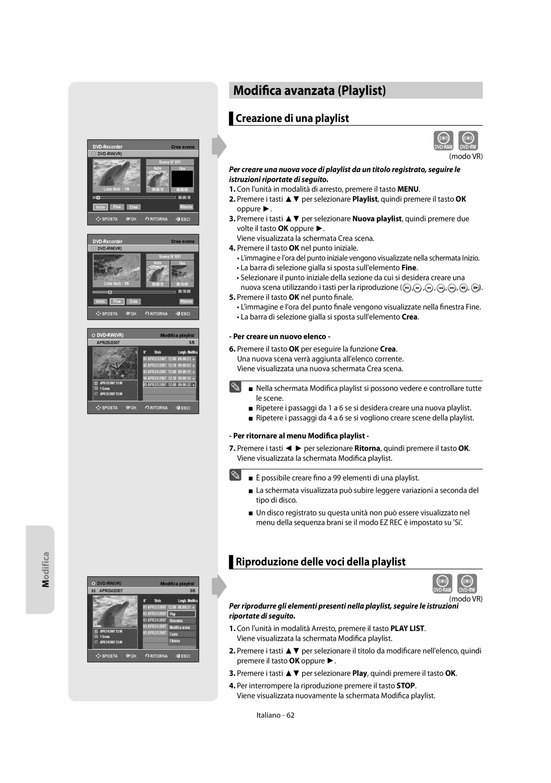 Samsung DVD-R156/XET manual Modifica avanzata Playlist, Creazione di una playlist, Riproduzione delle voci della playlist 