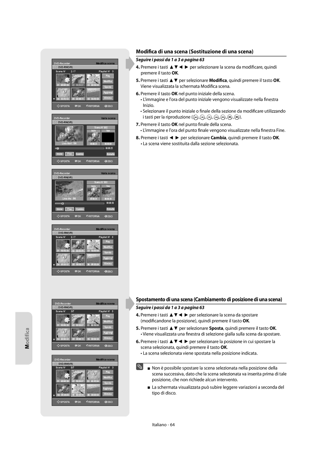 Samsung DVD-R156/XET, DVD-R151/XET manual Modifica di una scena Sostituzione di una scena 