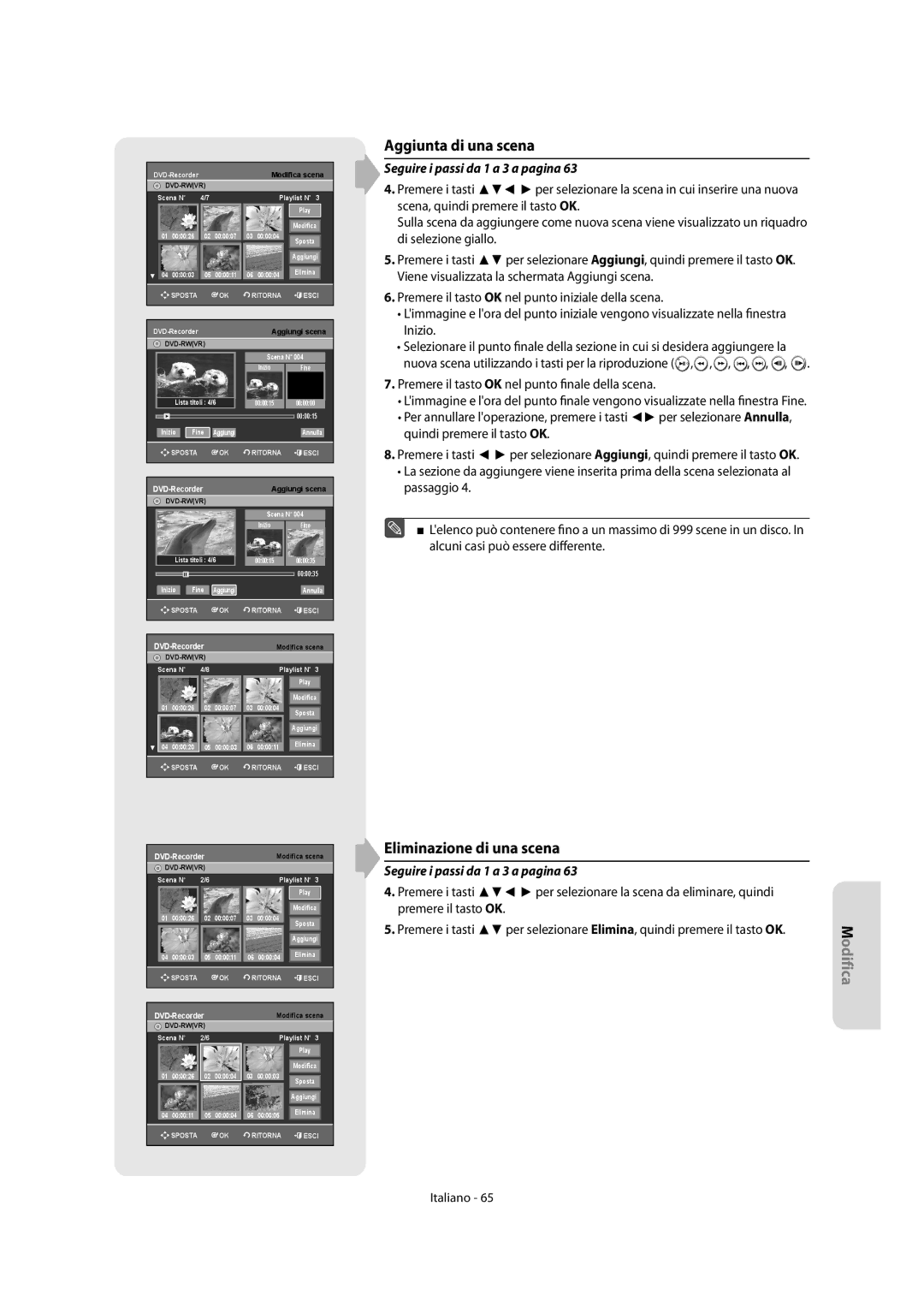 Samsung DVD-R151/XET, DVD-R156/XET manual Aggiunta di una scena, Eliminazione di una scena 