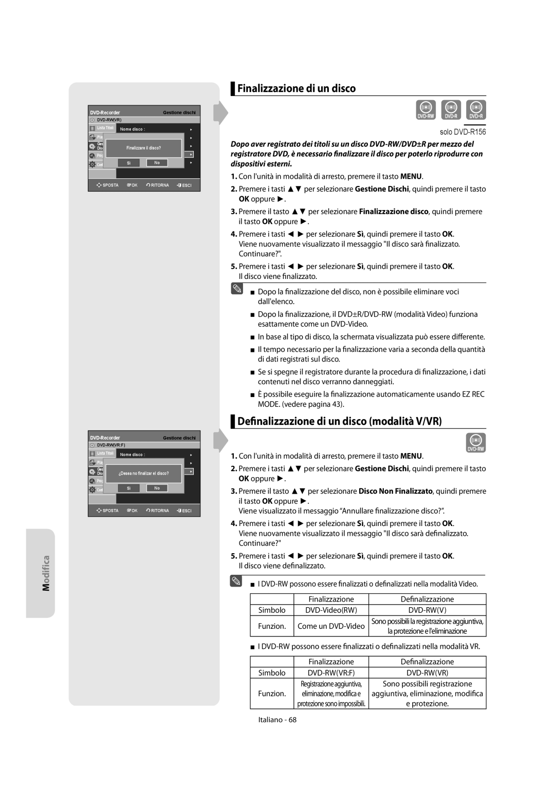 Samsung DVD-R156/XET, DVD-R151/XET manual Finalizzazione di un disco, Definalizzazione di un disco modalità V/VR, Funzion 