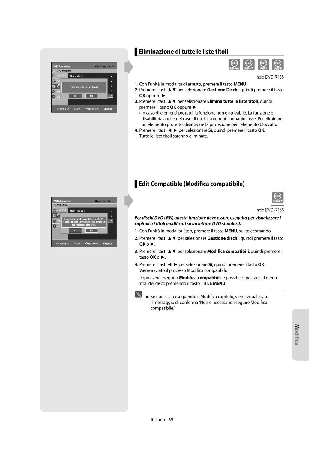 Samsung DVD-R151/XET, DVD-R156/XET manual Eliminazione di tutte le liste titoli, Edit Compatible Modifica compatibile 