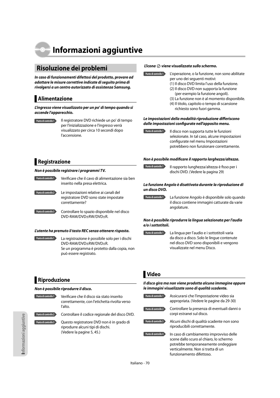 Samsung DVD-R156/XET, DVD-R151/XET manual Risoluzione dei problemi, Alimentazione, Registrazione, Riproduzione, Video 