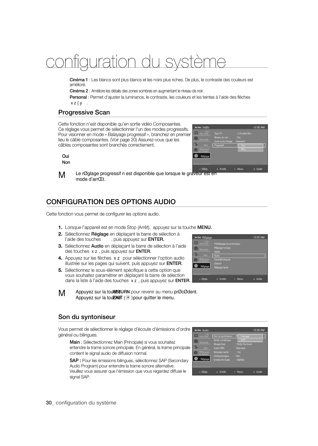 Samsung DVD-R170 user manual Configuration DES Options Audio, Progressive Scan, Son du syntoniseur, Oui, Non 