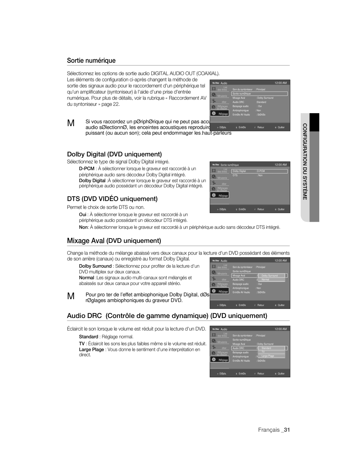 Samsung DVD-R170 user manual Audio DRC Contrôle de gamme dynamique DVD uniquement, Mixage Aval DVD uniquement 