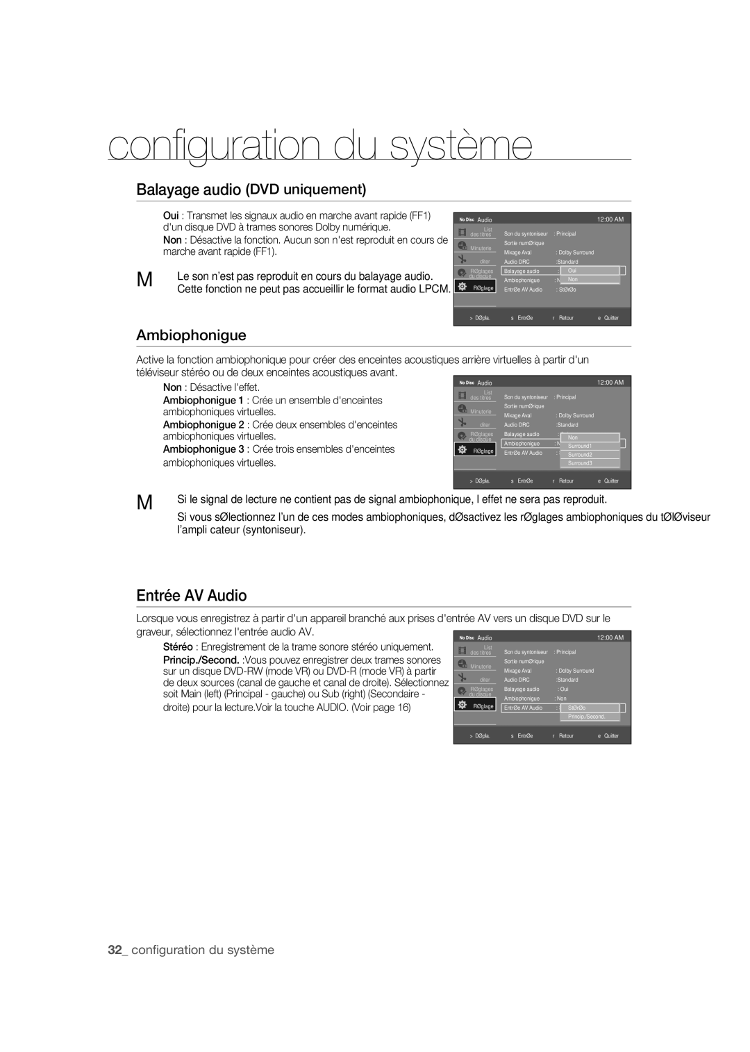 Samsung DVD-R170 user manual Ambiophonigue, Graveur, sélectionnez lentrée audio AV 