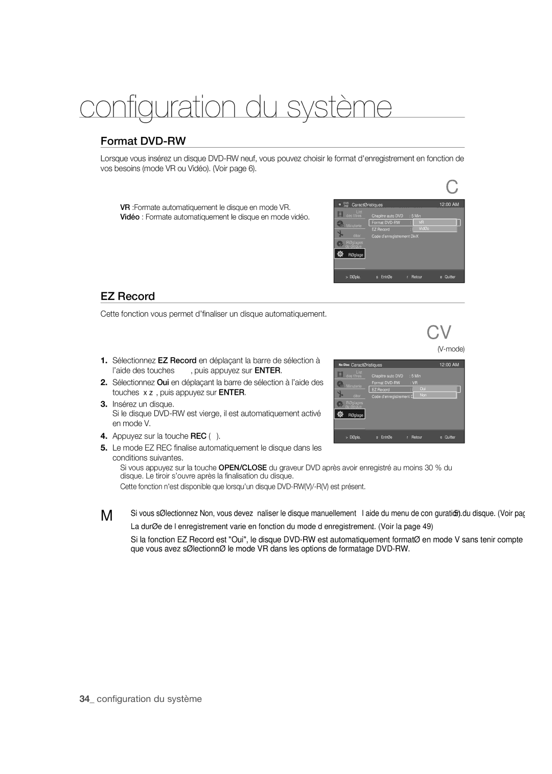 Samsung DVD-R170 user manual Format DVD-RW, EZ Record, Caractéristiques 