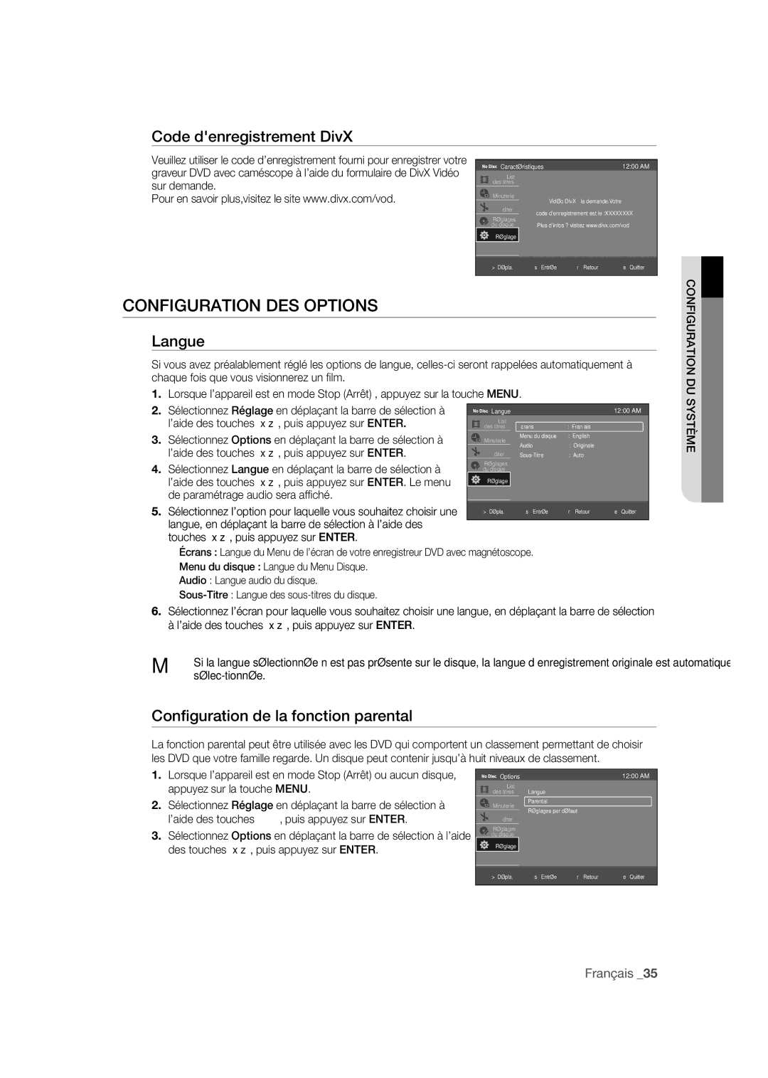 Samsung DVD-R170 Configuration DES Options, Code denregistrement DivX, Langue, Conﬁguration de la fonction parental 